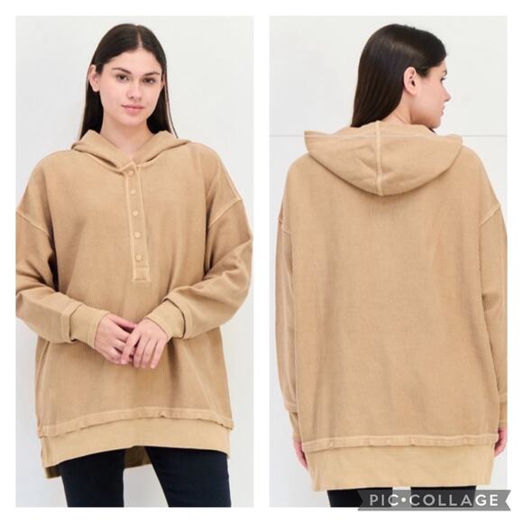 aerie Tops - Aerie Tan Ribbed Snap Button Hooded Pullover Size Large